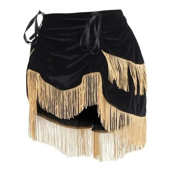 Black Velvet w/Gold Fringe Burlesque Bustle Skirt - Picture 1 of 4